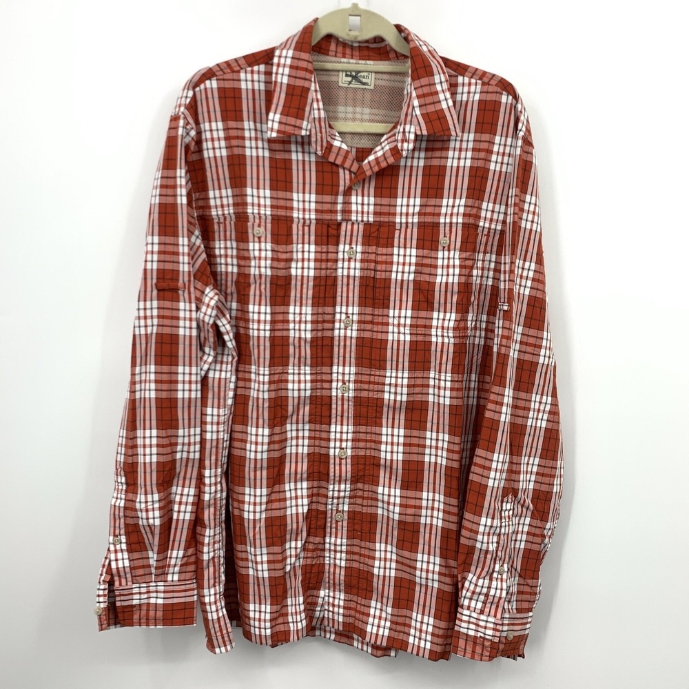 LL Bean Men XL‎ Shirt Button Down Red White Checkered Plaid Nylon Blend Top